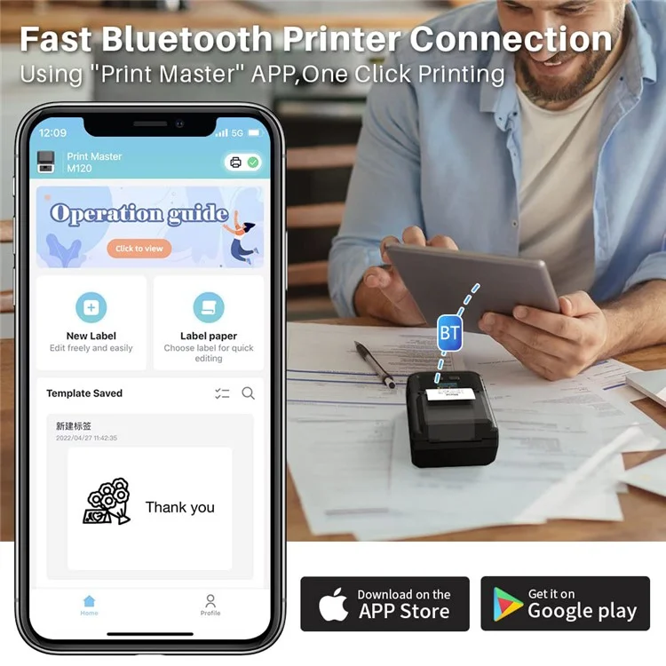 Bluetooth Inkless Thermal Printer Wireless Barcode Label Price Tag Printer - Black