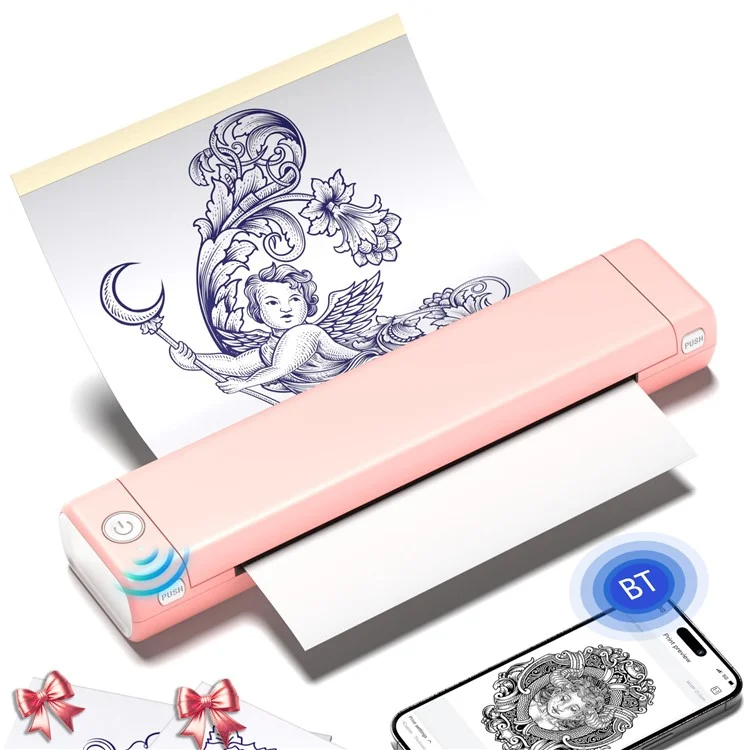 Thermal Printer Portable Bluetooth Inkless Printer, Tattoo Version / 216mm Print Width - White+Pink 