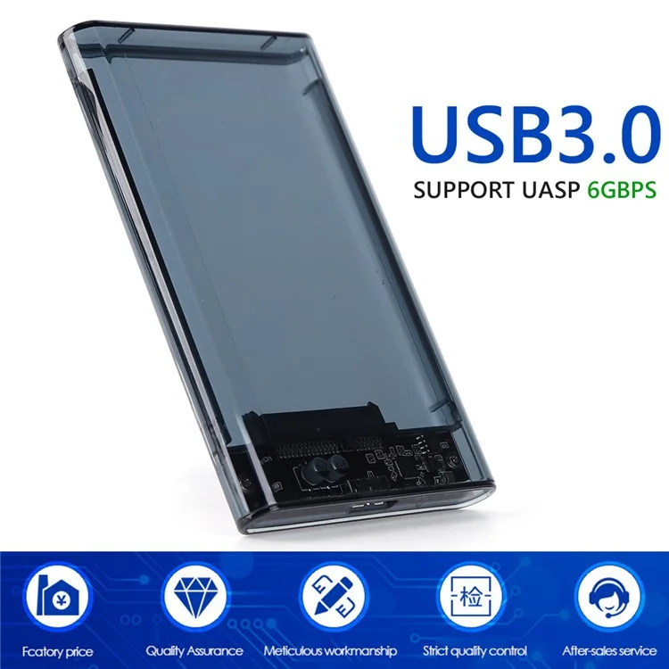 2.5 inch USB3.0 Hard Disk Box HDD Enclosure Computer Adapter with USB3.0 Small Board/USB Cable - Transparent Black